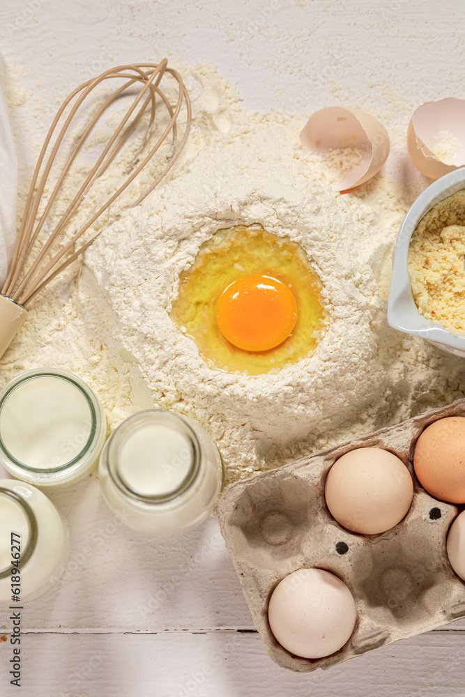 Bake ingredient for cake or dessert. Flour, egg, butter, milk. Bake ingredient for cake or dessert. Flour, egg, butter, milk.