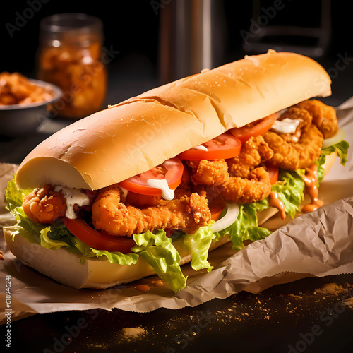 Po'boy sandwich, from New Orleans, fried shrimp, lettuce, tomato, mayo, French bread, spices in background