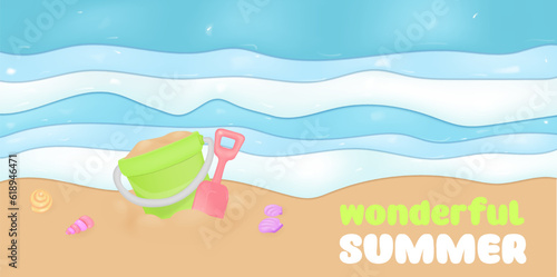 3d realistic vector kids bucket and spade for sand play on the sea. The beach and the sea. EPS 10