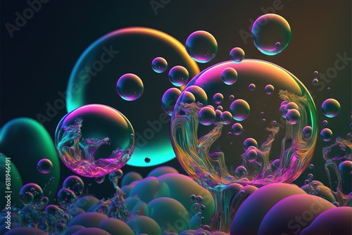 a group of bubbles floating in the air with a black background and a blue and green background with a black background and a blue and green background with a pink and blue border with a.
