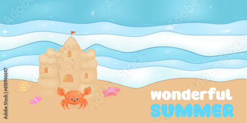 3D sand castle set, vector summer beach vacation , banner, red crab, starfish, ball. Cartoon ocean sea shore tower, tropical season object, seagull, seashell, kids game. Shore sand castle
