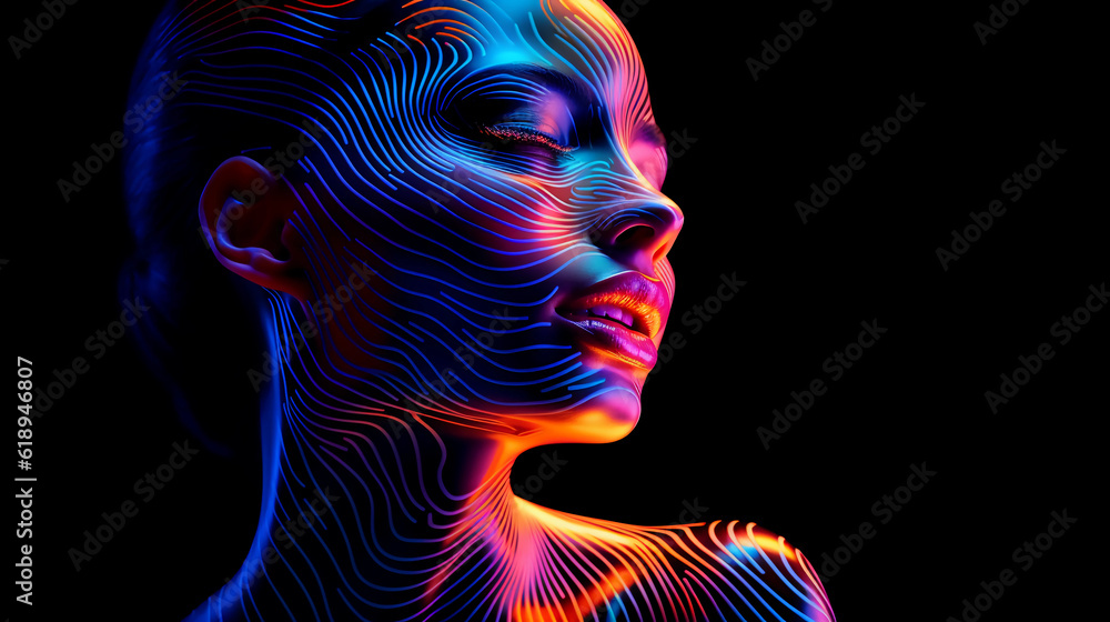 Neon Fictional AI generated Woman Art Glow Realistic Photography Black Background 4k Neon Fictional AI generated Woman Art Glow Realistic Photography Black Background 4k