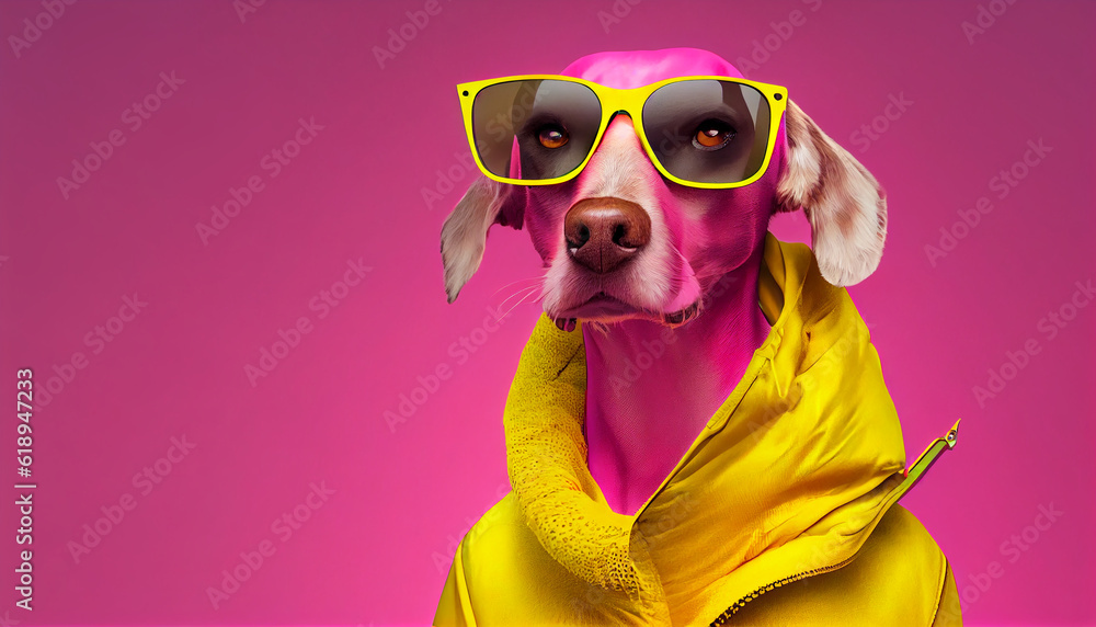 Cool looking Dog wearing funky fashion dress - bright yellow jacket, vest, sunglasses. Wide pink banner with space for text right side. Stylish animal posing as a supermodel, Created with AI