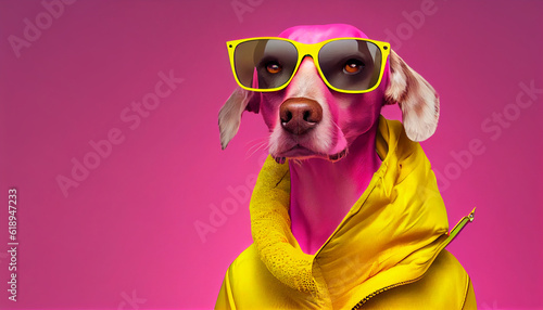 Cool looking Dog wearing funky fashion dress - bright yellow jacket, vest, sunglasses. Wide pink banner with space for text right side. Stylish animal posing as a supermodel, Created with AI © SardarMuhammad