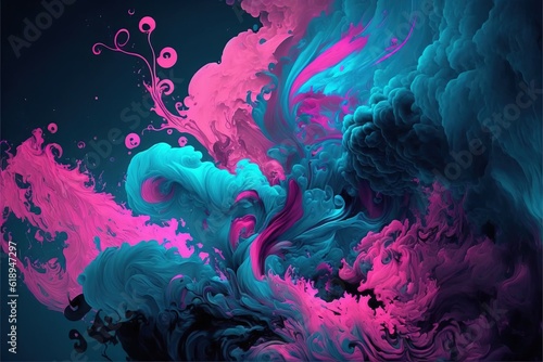 an abstract painting of blue, pink, and purple swirls on a black background with a black background and a blue and pink swirl on the bottom right side of the image is a black background.