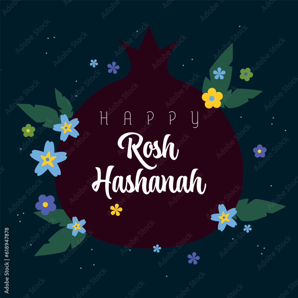 Naklejka premium Greeting card with pomegranate for Jewish New Year, Shana Tova, Rosh Hashanah. Vector illustration