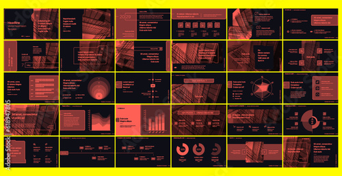 Presentation templates. Red elements for infographics in Cyberpunk style. Use in presentation, flyer and leaflet, corporate report, marketing, advertising, annual report, banner.