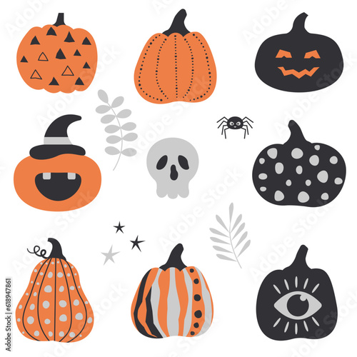 Set of halloween cute pumpkins. Autumn background. Vector illustration with autumn leaves and pumpkin, scull