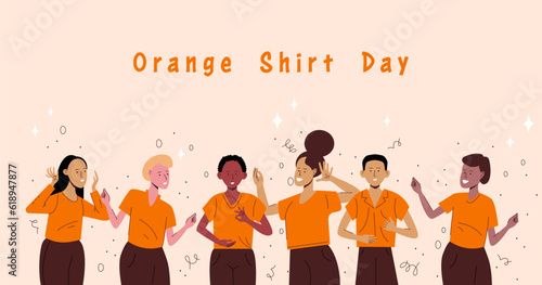 Orange shirt day in honor of the indigenous Canadian children against all forms of racism. Group of people in orange shirts