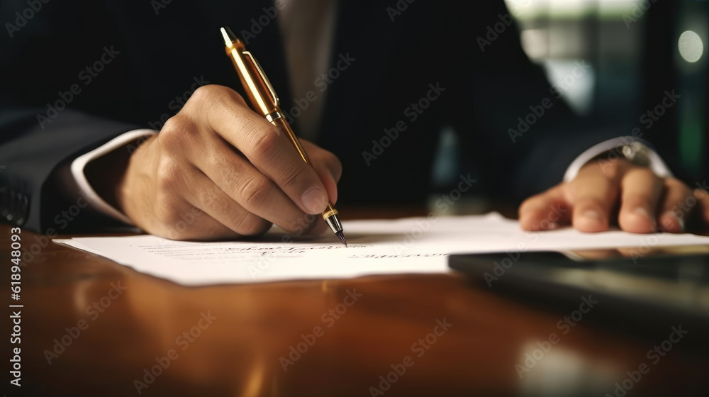 Businessman is signing contract paper - obrazy, fototapety, plakaty 