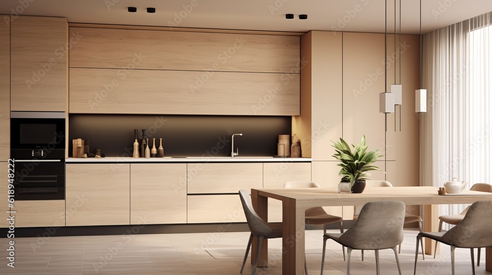 a kitchen with a table and chairs and a potted plant