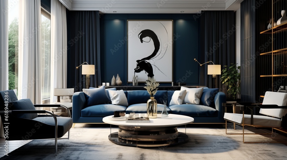 Fototapeta premium a living room filled with furniture and a painting on the wall
