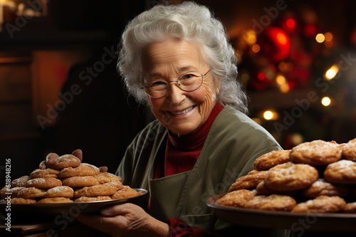 Happy grandmother, smiling elderly woman with tasty cookies, Christmastime, festive Christmas background, generative AI.