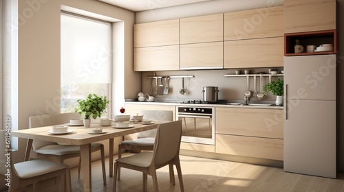 a kitchen with a table and chairs and a window