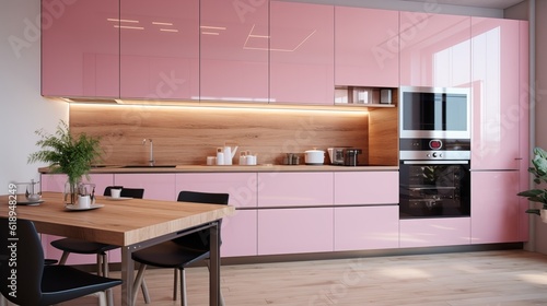 a kitchen with pink cabinets and a wooden table