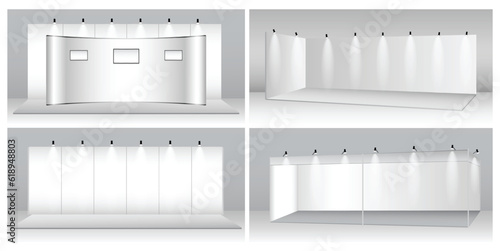 set of realistic trade exhibition stand or white blank exhibition kiosk or stand booth corporate commercial. eps vector