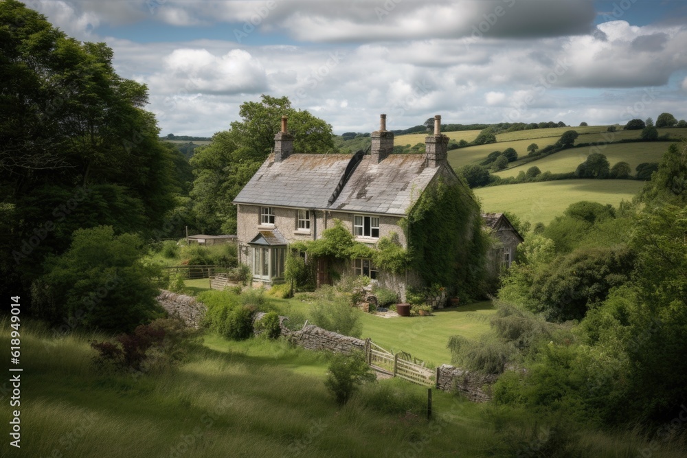 farmhouse with view of rolling fields, surrounded by lush greenery, created with generative ai