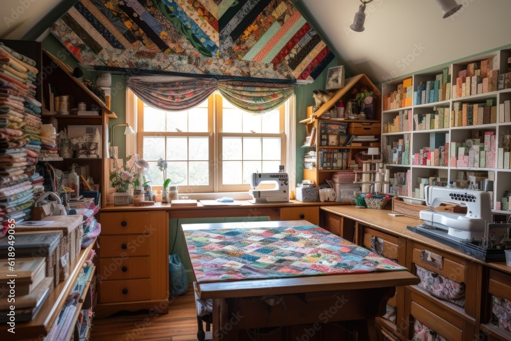 sewing room, with plenty of fabric in various colors and patterns on shelves, created with generative ai sewing room, with plenty of fabric in various colors and patterns on shelves, created with generative ai