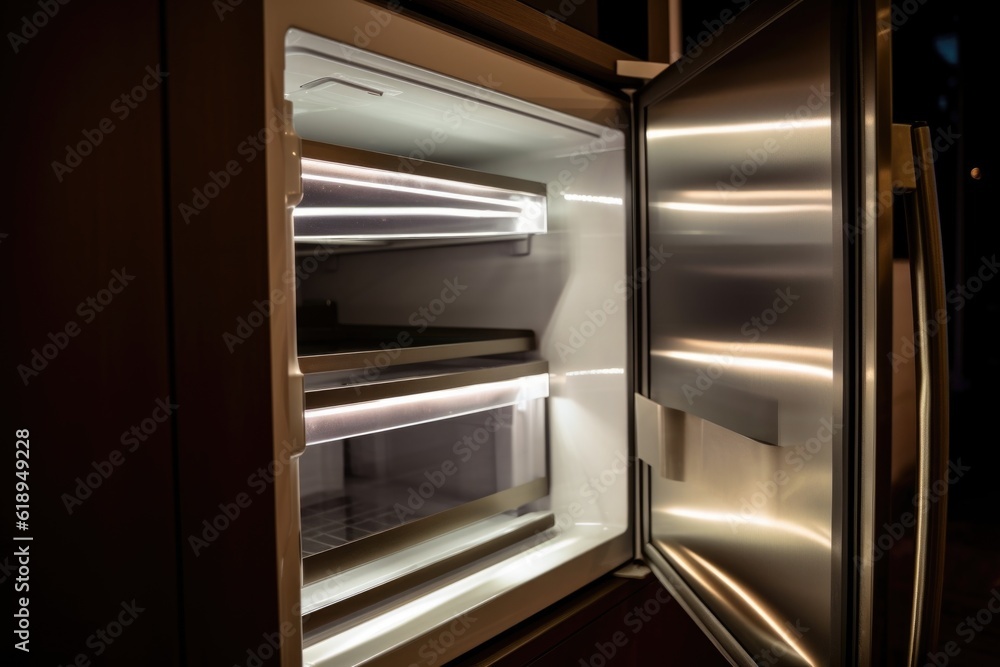 close-up of refrigerator door, featuring illuminated interior light and sleek design, created with generative ai close-up of refrigerator door, featuring illuminated interior light and sleek design, created with generative ai