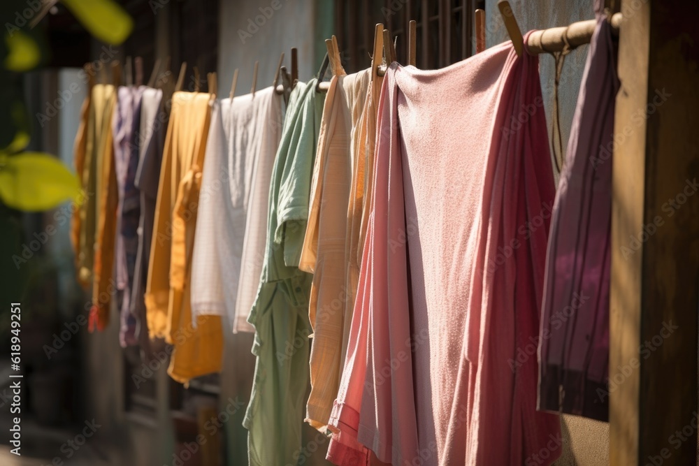 row of freshly washed clothes, fluttering in the breeze, created with generative ai row of freshly washed clothes, fluttering in the breeze, created with generative ai
