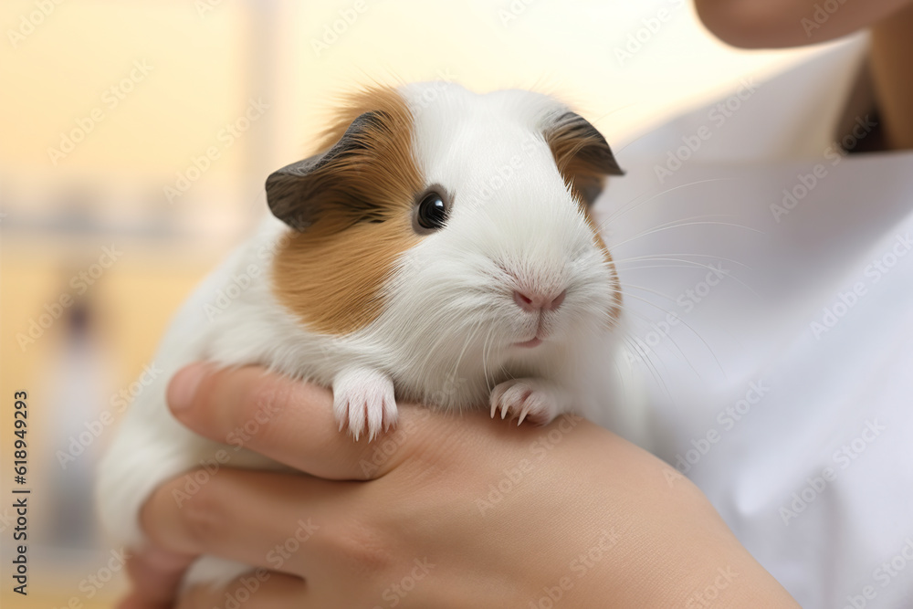 Veterinarian, an animal doctor checking a guinea pig at a vet clinic, AI generative image. Veterinarian, an animal doctor checking a guinea pig at a vet clinic, AI generative image.