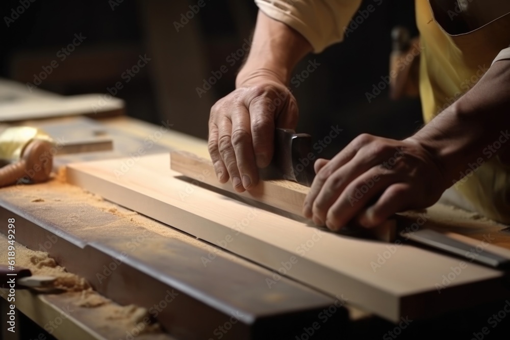 professional carpenter, sawing and sanding wooden board, close-up, created with generative ai professional carpenter, sawing and sanding wooden board, close-up, created with generative ai