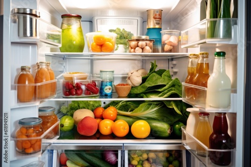 refrigerator full of fresh produce and other ingredients for healthy meals  created with generative ai