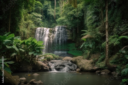 tropical waterfall surrounded by lush greenery and exotic wildlife, created with generative ai