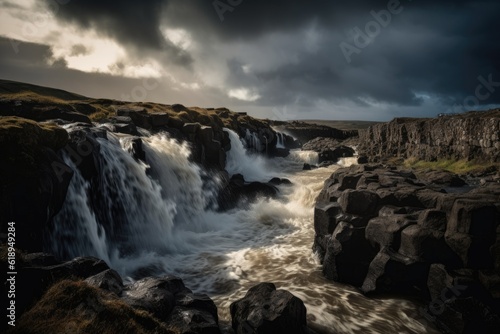 waterfall with dramatic clouds and sky in the background, created with generative ai