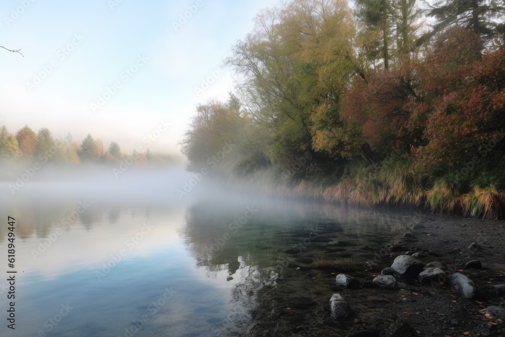 lakeside view, with mist rising from the water and trees surrounding the shore, created with generative ai lakeside view, with mist rising from the water and trees surrounding the shore, created with generative ai