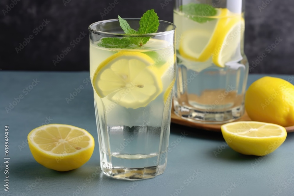glass of lemonade with slice of lemon and sprig of fresh mint, created with generative ai glass of lemonade with slice of lemon and sprig of fresh mint, created with generative ai