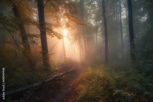 serene forest with misty morning sunrise, created with generative ai