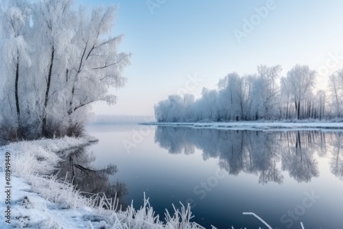 serene winter landscape with frozen lake and snow-covered trees, created with generative ai