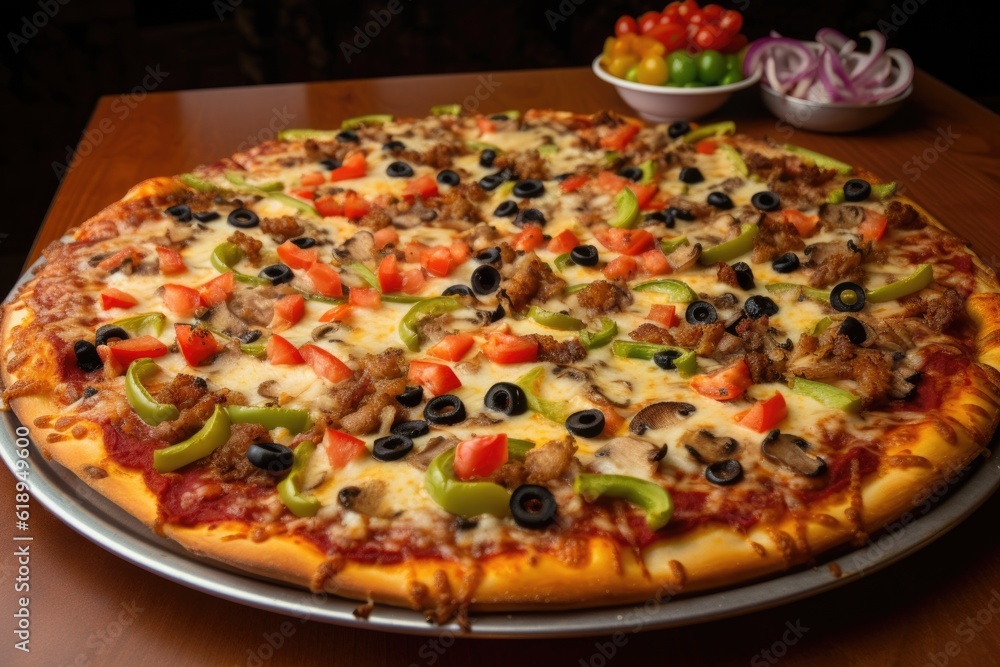 a huge pizza pie overflowing with a variety of tantalizing toppings, created with generative ai a huge pizza pie overflowing with a variety of tantalizing toppings, created with generative ai