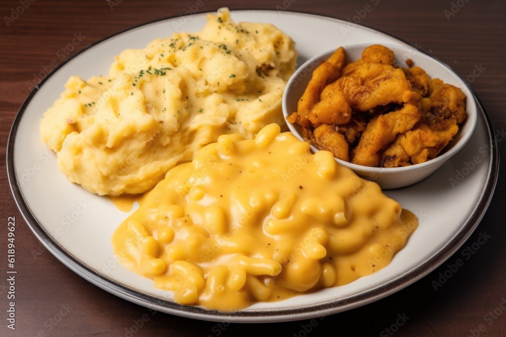 plate of plant-based and vegan comfort food, with mac n' cheeze, mashed potatoes and gravy, created with generative ai