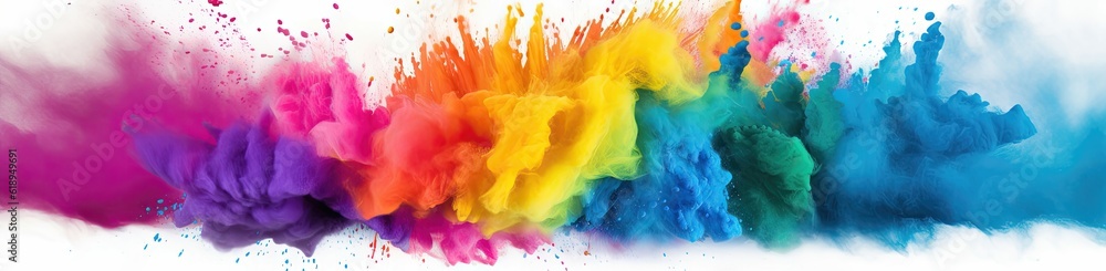 Obraz premium colorful rainbow holi paint color powder explosion isolated white wide panorama background