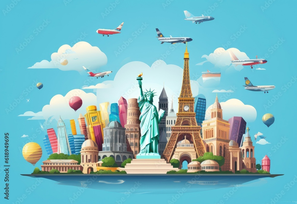 Naklejka premium travel and tourism, Travel, world landmarks on the background of blue sky