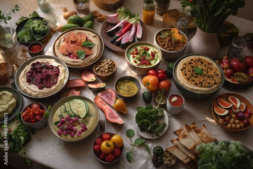 a colorful spread of plant-based and vegan dishes  including raw veggies  hummus   pita  salads   sandwiches  created with generative ai