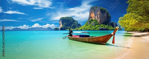 tropical island with boat, landscape with lake and blue sky, Thailand, Phuket photo