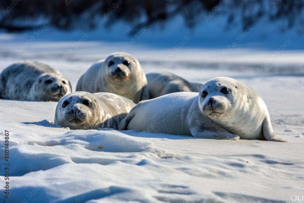 Obraz premium family of seals basking in the sun on snowy shore, created with generative ai