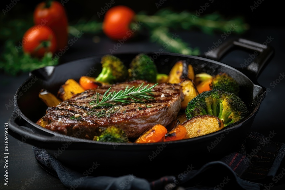 Fototapeta premium American food concept. Grilled beef steak with grilled vegetables, with carrots, cherry tomatoes, broccoli, in a cast iron pan. copy space