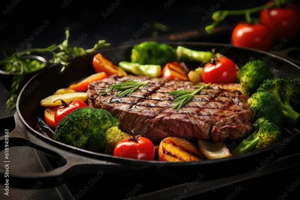 American food concept. Grilled beef steak with grilled vegetables, with carrots, cherry tomatoes, broccoli, in a cast iron pan. copy space American food concept. Grilled beef steak with grilled vegetables, with carrots, cherry tomatoes, broccoli, in a cast iron pan. copy space