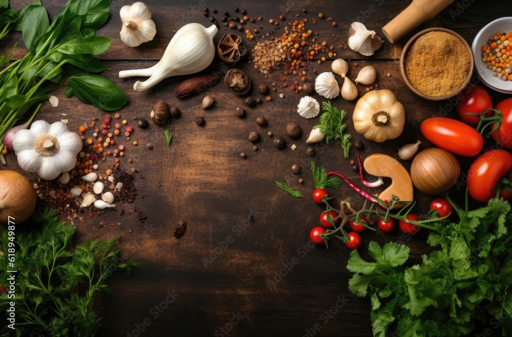 Food cooking background, ingredients for preparation vegan dishes, vegetables, roots, spices, mushrooms and herbs. Old cutting board. Healthy food concept. Rustic wooden table background, top view