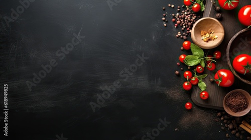 The background of cooking. On a black wooden background. Top view. Free space for your text.