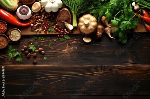 Food cooking background, ingredients for preparation vegan dishes, vegetables, roots, spices, mushrooms and herbs. Old cutting board. Healthy food concept. Rustic wooden table background, top view
