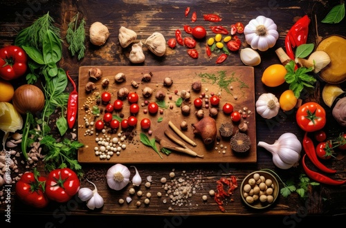 Food cooking background  ingredients for preparation vegan dishes  vegetables  roots  spices  mushrooms and herbs. Old cutting board. Healthy food concept. Rustic wooden table background  top view