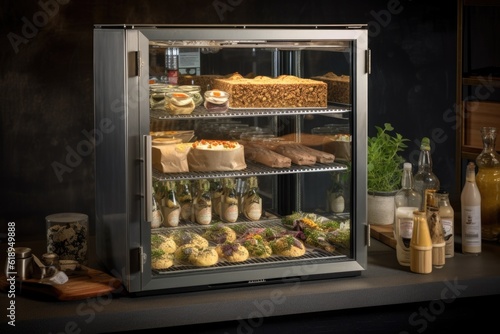 temperature-controlled cabinet with clear glass doors, showcasing the food and beverages inside, created with generative ai