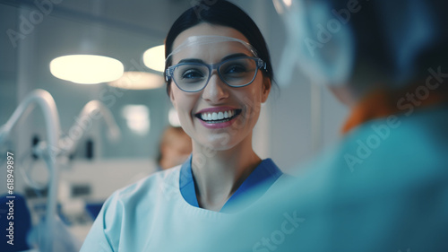 young adult woman is dentist or doctor in hospital or surgeon © wetzkaz