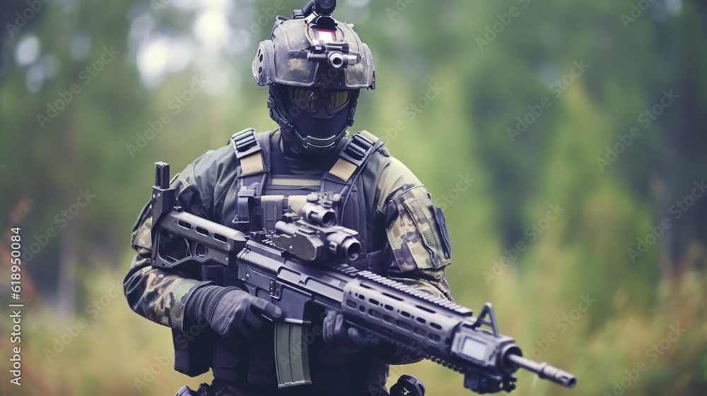a soldier in uniform and respirator and visor, machine gun, dark uniform, war operation, forest area a soldier in uniform and respirator and visor, machine gun, dark uniform, war operation, forest area
