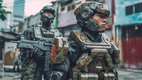 soldier wears combat suit, war and mission, in action, combat suits and armament, machine gun, men in technological robot armour, bulletproof suits, fictitious place and happening